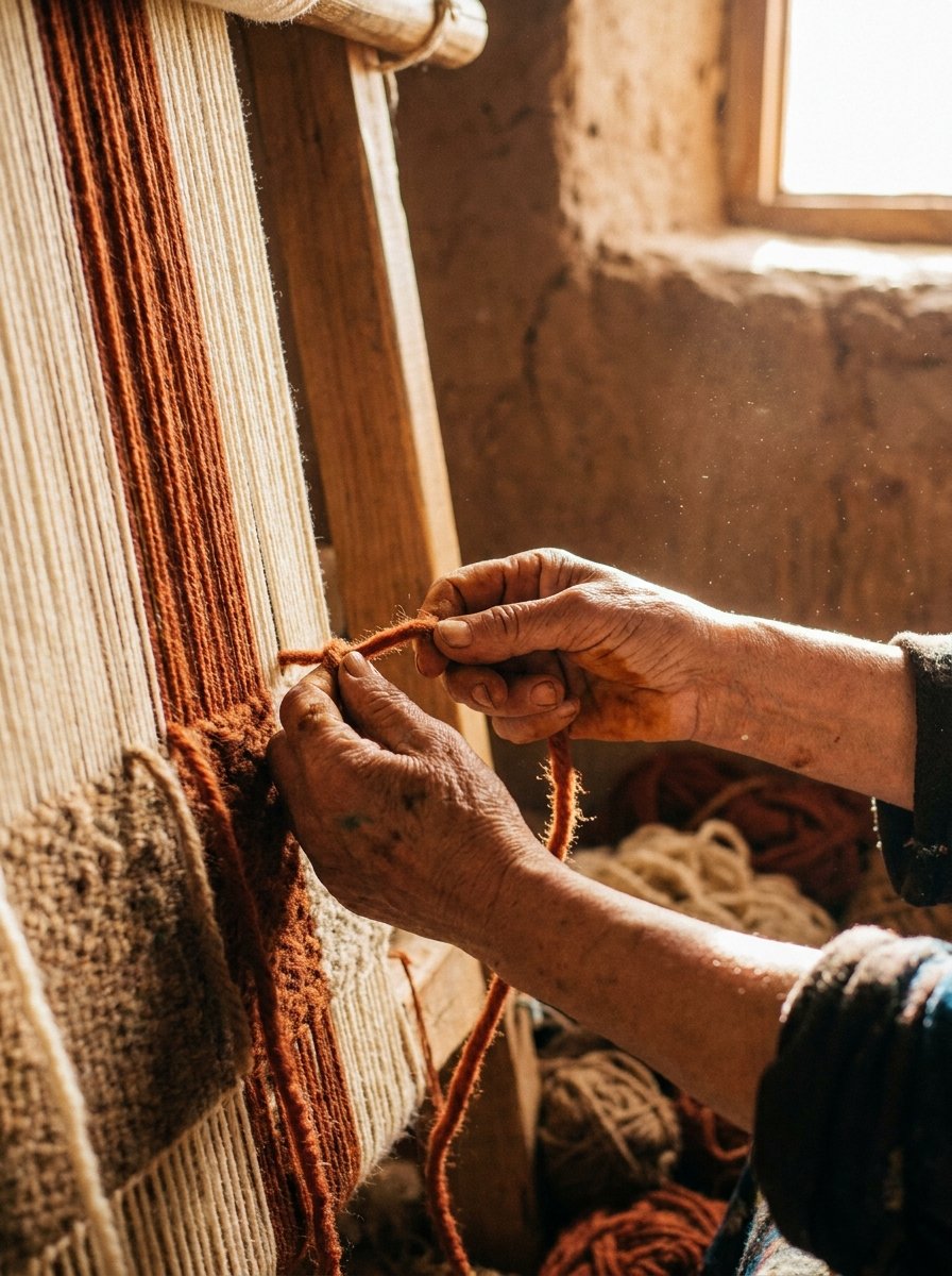 Mains d’une tisseuse amazighe nouant la laine sur un métier vertical — coopérative féminine, Moyen Atlas